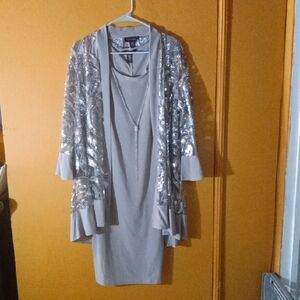R&M Richards Silver Sequin Jacket with Light Gray Dress